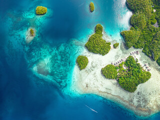 Aerial view of tropical islands and coral reefs surrounded by turquoise water in Raja Ampat, Indonesia.    © Curioso.Photography