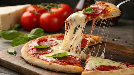 Delicious pepperoni pizza with melting mozzarella cheese and fresh basil