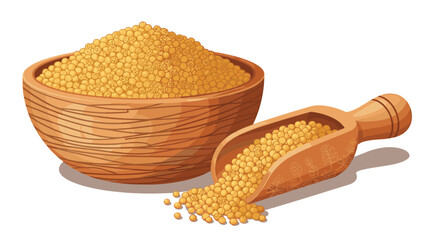 A wooden bowl and scoop filled with yellow mustard seeds on a white background.