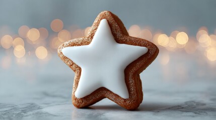 Close-up of a star-shaped cookie. the cookie is golden brown in color and has a light dusting of powdered sugar on top. the star is white and appears to be freshly baked.