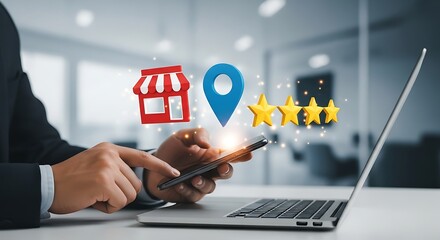 Digital Business Strategy Entrepreneur Interacts with Mobile Device Displaying Virtual Shop, Map Pin, and Star Rating Icons for Enhanced Online Presence and Local SEO