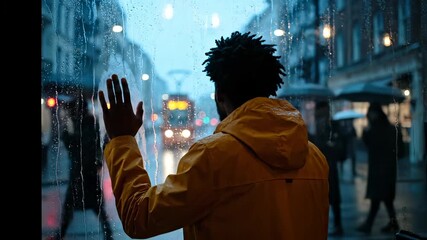 Urban man presses hand against rain-streaked window. Yellow jacket shields from rain. Exterior city street at night displays reflection and raindrop on glass. Urban frame captures wet atmosphere. - Powered by Adobe