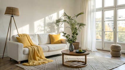 Bright and airy living room with natural light and cozy yellow accents