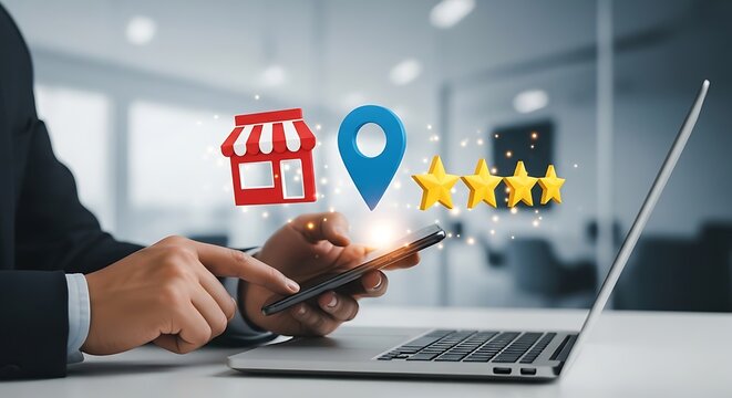 Digital Business Strategy Entrepreneur Interacts with Mobile Device Displaying Virtual Shop, Map Pin, and Star Rating Icons for Enhanced Online Presence and Local SEO
