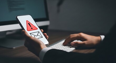 Cybersecurity Alert A person holds a smartphone displaying a critical email warning sign, indicating a potential digital threat or spam during online work on a computer keyboard
