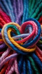 A heart shape made of colorful yarn, expressing love and creativity with vibrant hues