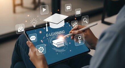 E-learning on Tablet with Graduation Cap Icon, Online Education Concept