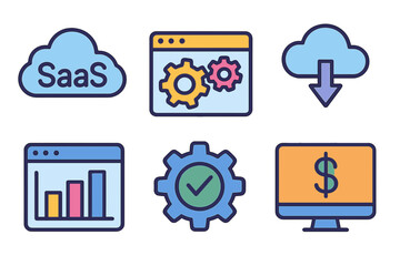 SaaS product icons representing cloud computing, data management, and analytics  