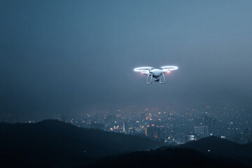 Fototapeta premium Modern drone with illuminated rotors soars above a cityscape at twilight. Represents technology, innovation, surveillance, and the future of urban life. Ideal for tech, travel.
