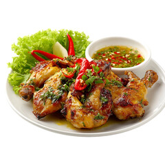 Fototapeta premium Gai Yang Grilled Chicken On White Plate, Thai Dish isolated on with white background(1)
