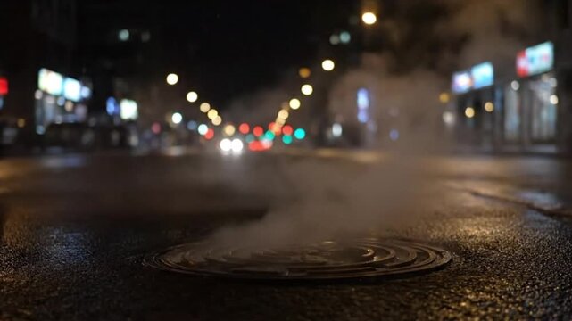 Nighttime city street with steaming manhole cover and