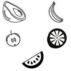 “Set of fruit outline icons – banana, watermelon, orange, and tropical fruits vector”