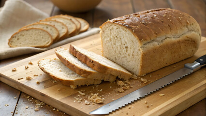 Freshly baked loaf of bread sliced on a wooden cutting board