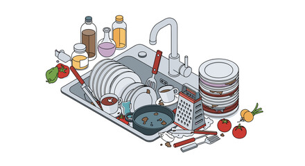 A sink full of dirty dishes, food items, and cleaning supplies ready to be washed.