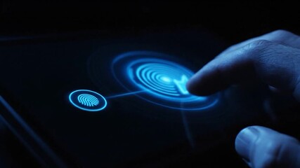 A hand touches a glowing digital fingerprint scanner on a dark surface - Powered by Adobe