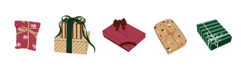 Multicolored Christmas gift boxes with bows and ribbons on a white background. Festive gift boxes for New Year's, birthdays, and other holidays.