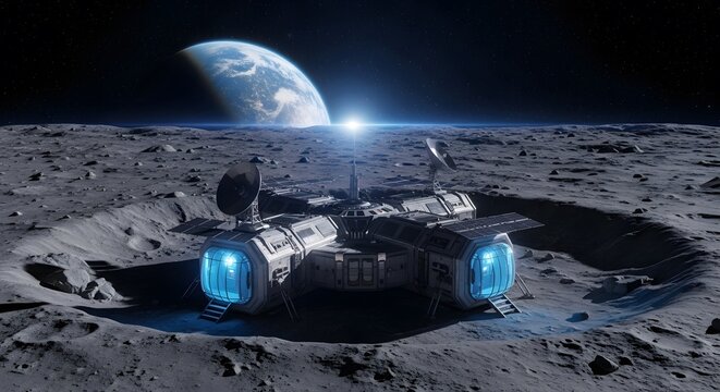 Futuristic Moon Base and Earth Horizon for World Space Week