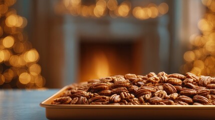 Tray of pecans on a table in front of a fireplace. the tray is orange in color and is filled to the brim with the nuts.