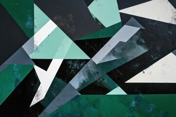 Abstract geometric art with bold intersecting triangles and shapes in green, black, white, and gray tones creating dynamic and textured composition