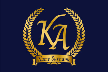 Initial letter K and A, KA monogram logo design with laurel wreath. Luxury golden calligraphy font.