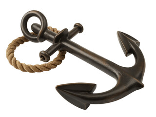 A high-quality product photograph of a dark bronze-colored anchor with a thick brown rope against a pure white background.