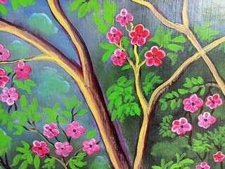 Vibrant Hand Painted Tree and Pink Flowers Art