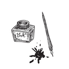 Black ink bottle, ink pen and stain, doodle black ink drawing, woodcut vector