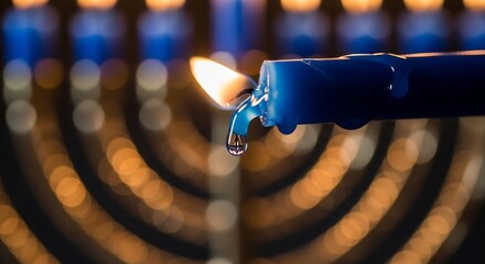 Hanukkah menorah. Close-up of shamash candle lighting the menorah. Jewish holiday celebration. Jewish traditions, Jewish heritage, cultural event backgrounds, cards.