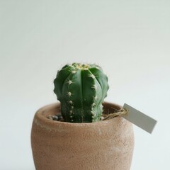 Closeup of a small green cactus in a terracotta pot with a blank label attached