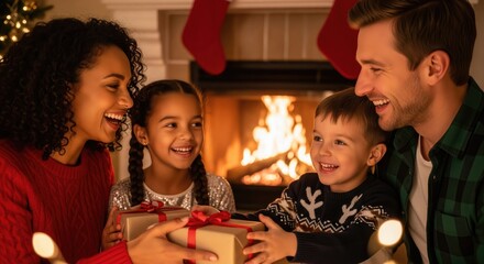 Family exchanging gifts in front of a fireplace on Christmas