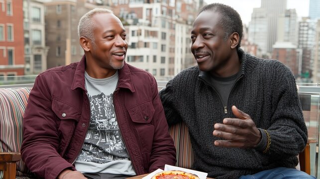 Two Friends Enjoying Pizza on City Rooftop with Urban View