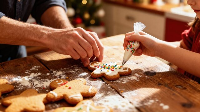 Decorating gingerbread cookies with sprinkles during the Christmas holiday season - Powered by Adobe