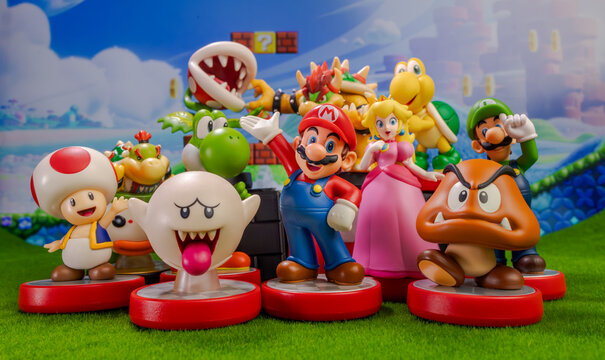 MOSCOW, RUSSIA - September 08, 2022: Super Mario Bros figure character.Super Mario is a Japanese platform video game series and media franchise created by Nintendo and featuring their mascot, Mario.