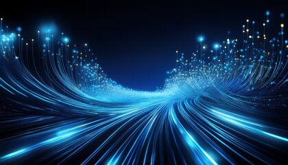 blue glowing fiber optic cables create dynamic futuristic digital data flow with sparkling light dots on black background