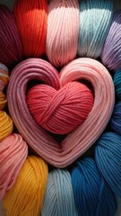 Heart shape made of colorful yarn balls, a symbol of love and creativity