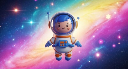 Cartoon astronaut floating, cosmic background