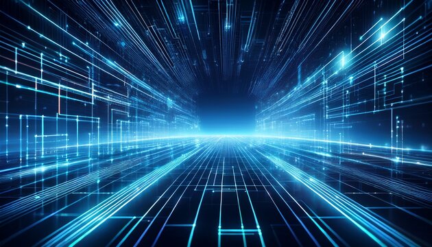 digital futuristic light grid with glowing blue lines and abstract data streams creating high tech cyber atmosphere