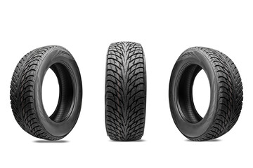 Three winter tires without spikes, with a friction winter compound and multiple slats for effective braking on ice, on a white transparent background. Presentation of winter wheels during the tire