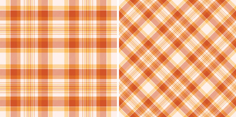 Warm, inviting plaid patterns in orange and cream hues offer versatile backgrounds. Ideal for autumnal themes, textiles, or classic design projects.