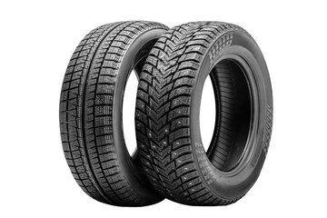 Two winter tires are prominently displayed against a white background. These tires feature deep tread patterns that provide excellent traction on snow and ice, ensuring safe driving in winter weather.