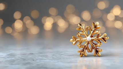 Close-up of a gold snowflake on a gray marble surface. the snowflake is in the center of the image and is made up of multiple branches that are intricately detailed with a pearl in the middle.