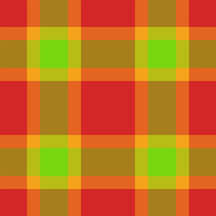 Vibrant plaid pattern with bold red, green, orange and brown hues. Versatile for backgrounds, textiles, or design elements. Use for festive, autumnal, or retro themes.