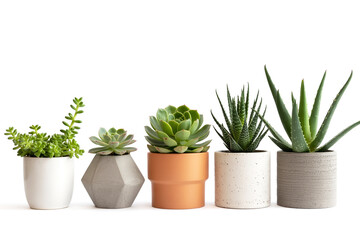 Obraz premium A product photography layout of five potted succulent plants arranged in a horizontal line against a pure white background.