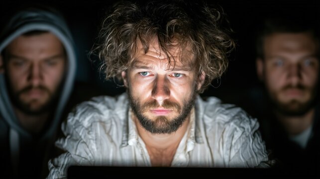 Intense Cybersecurity Expert Focused on Laptop with Team in Background