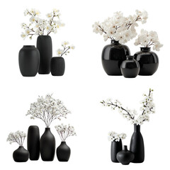 Modern Black Vases with White Flowers in Minima isolated on with white background