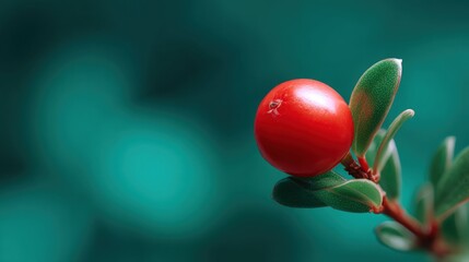 Close-up of a single red fruit on a branch with green leaves. the fruit is round and plump, with a smooth texture and appears to be ripe and ready to eat.