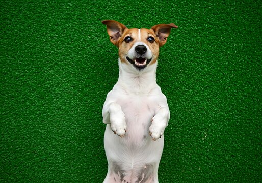 Happy Jack Russell Dog Lying on Back on Green Grass. Generative Ai