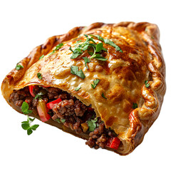 Close up of a golden brown pastry filled with meat and vegetables on transparent background