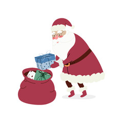 Santa Claus takes a present from his large sack. Santa Claus holds a gift in his hands. Cute Christmas vector illustration in flat style. Winter holiday scene on a white background.