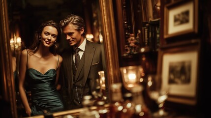 Elegant Couple in Luxury Tailor Shop Mirror Reflection